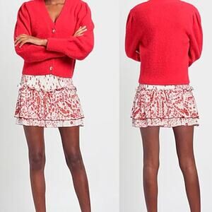 NWT Poupette St Barth Rayon Georgette Print Smocked Mini Skirt White/Red S